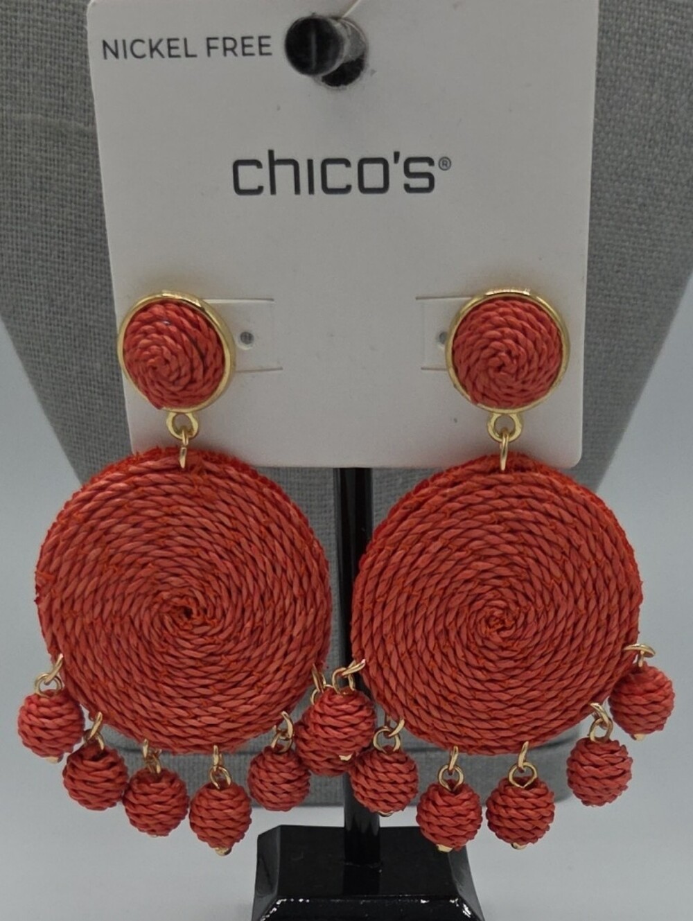 5 for $25! Chico's Red Coral Color Woven Fringe Drop Earrings